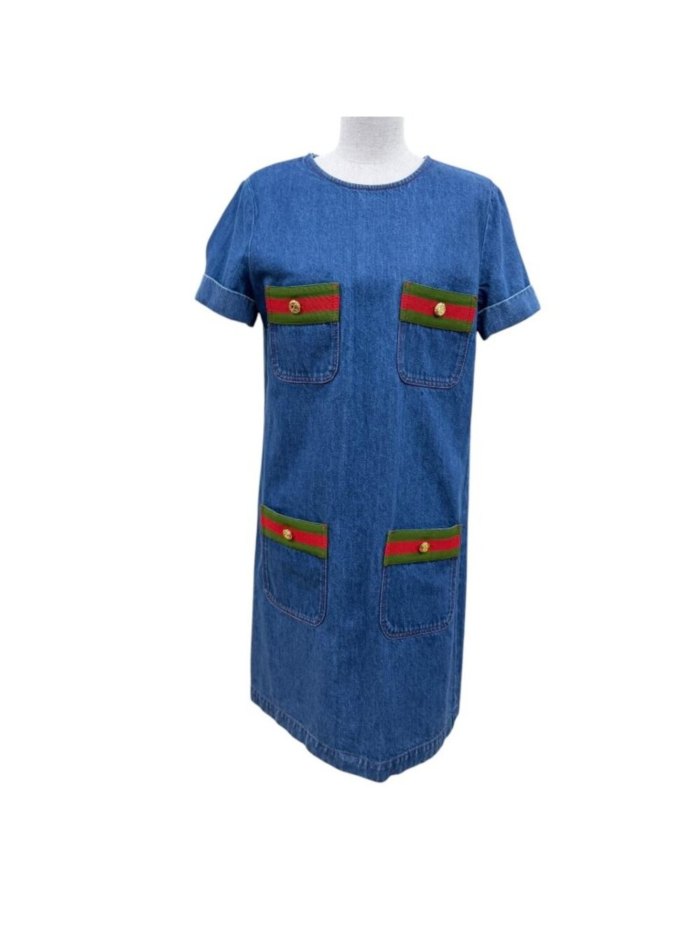 Gucci Cotton Wool Web Stripe GG Button Short Sleeve Dress Indigo Blue 40